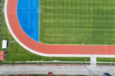 High angle view of multi colored umbrella against built structure