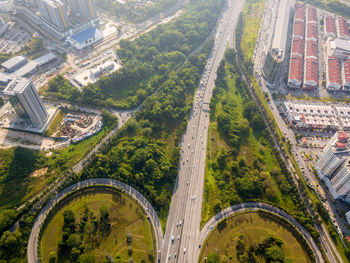 High angle view of street amidst buildings in city