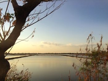 Scenic view of lake against sky at sunset