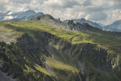 Scenic view of mountains against cloudy sky