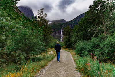 Rear view of man walking on mountain