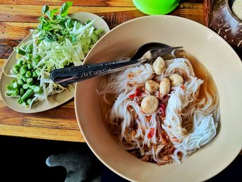 High angle view of meal served on table