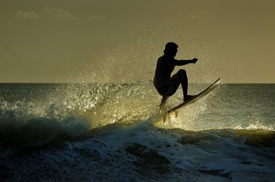 Silhouette man surfing in sea