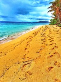 Scenic view of beach against cloudy sky