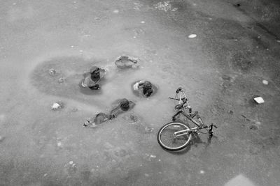 High angle view of bicycle on wet street