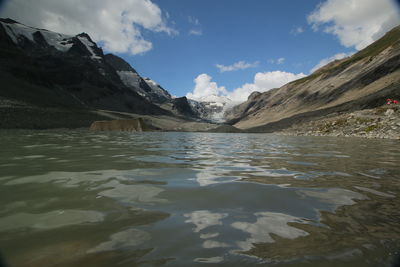 Scenic view of lake and mountains against sky