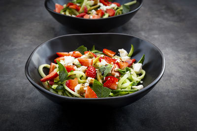 High angle view of salad in bowl on table