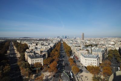 High angle view of city buildings against sky