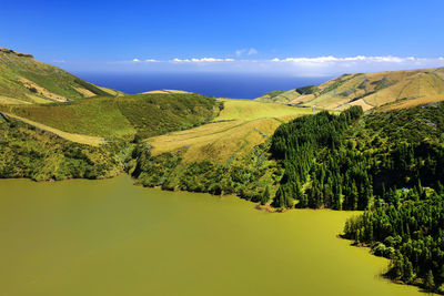 Scenic view of green landscape against sky