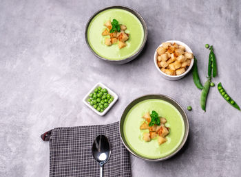High angle view of food served on table