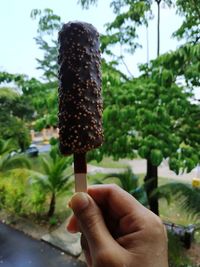 Close-up of hand holding ice cream cone