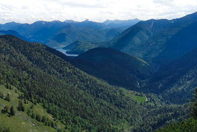 Scenic view from bavarian alps pirschschneid down to the valley and sylvensteinstausee 