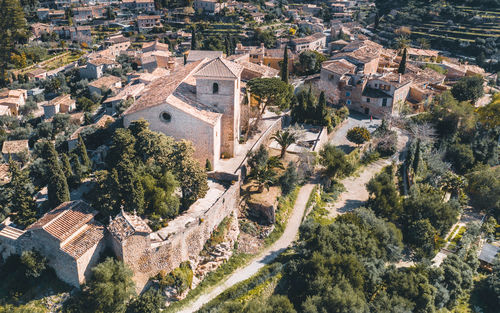 High angle view of buildings in city