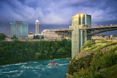 Bridge over niagara river in city against sky