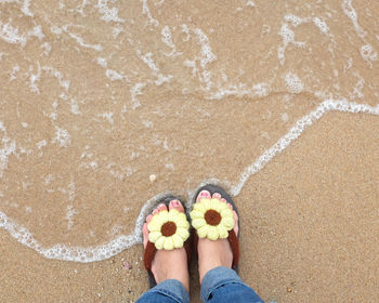 Low section of woman standing on shore at beach