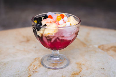 Close-up of dessert in glass on table