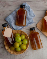 High angle view of apples in glass on table