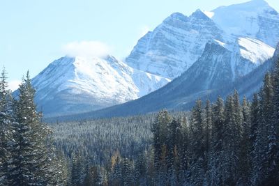 Scenic view of snow covered mountains against sky