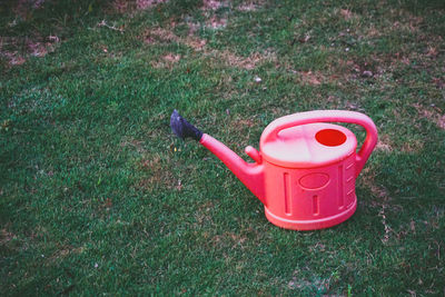 High angle view of fire hydrant on field