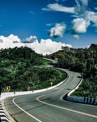 Road by trees against sky in city