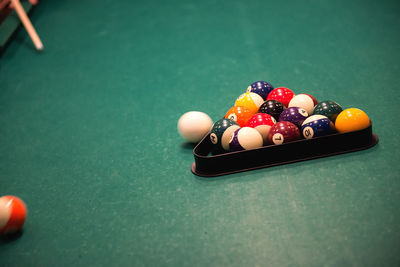 Close-up of pool balls on table