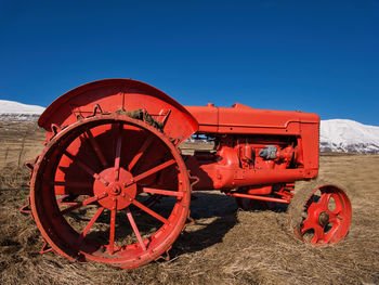 Fire hydrant on field against clear blue sky