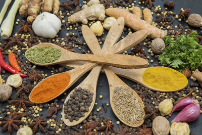 High angle view of spices in wooden spoon and table