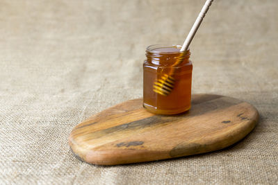 Close-up of drink in jar on table