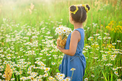 Cute little girl in a blue dress, in the summer in a field with a bouquet of daisies.