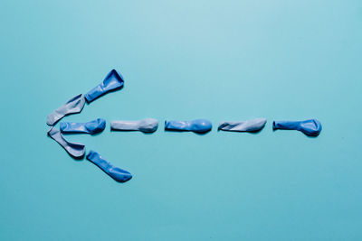 High angle view of blue objects on table