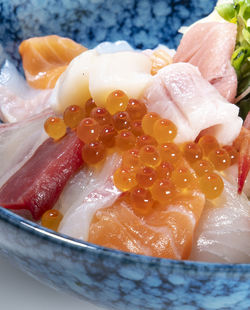 High angle view of meat in bowl on table