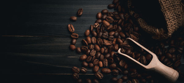 High angle view of coffee beans on table