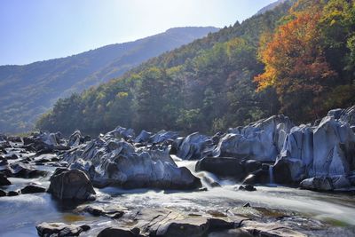 Scenic view of river amidst mountains against sky