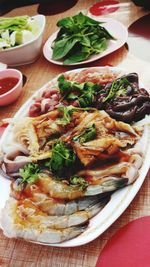 High angle view of meal served on table