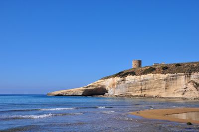 Scenic view of sea against clear blue sky