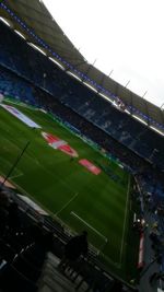 High angle view of soccer field against sky