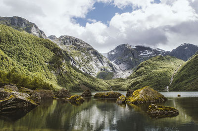 Scenic view of lake against cloudy sky