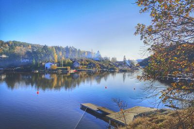 Scenic view of lake against clear sky during autumn