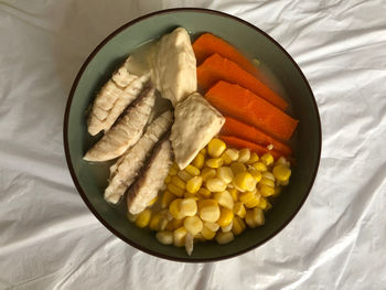 High angle view of food in plate on table