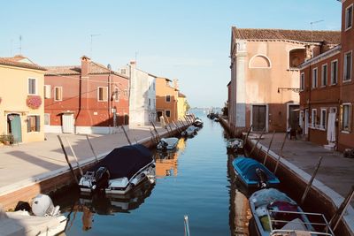 Boats moored in canal by city buildings against sky