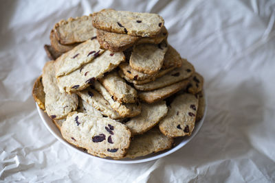 High angle view of cookies in plate