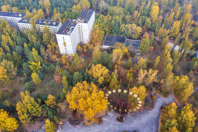 Ukraine, kyiv oblast, pripyat, aerial view of abandoned city in autumn