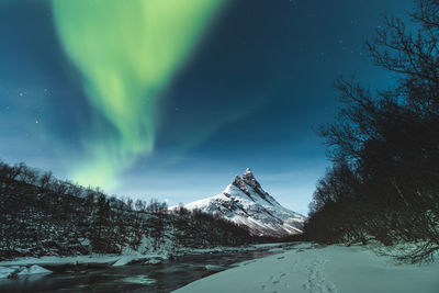 Scenic view of snowcapped mountains against sky at night