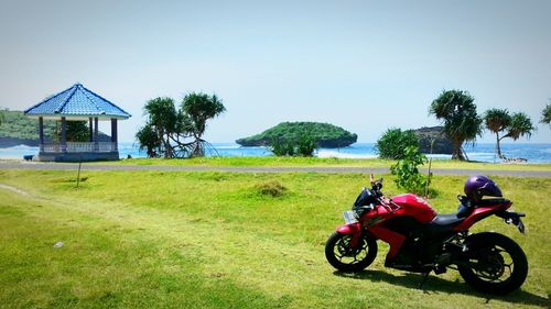 Outdoors parked on grassy field