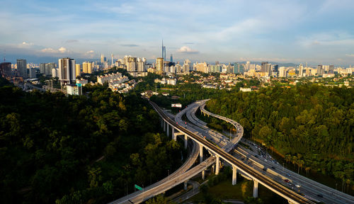 High angle view of cityscape against sky