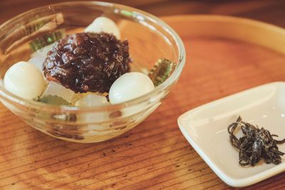 High angle view of food served on table