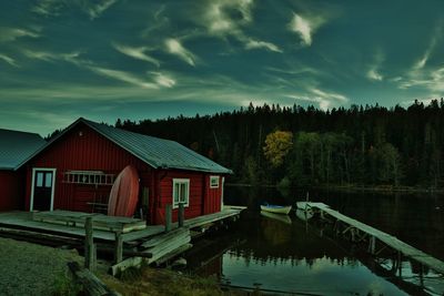 Scenic view of lake by building against sky