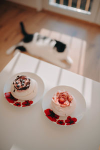 High angle view of dessert on table