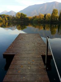 Scenic view of lake by trees against sky