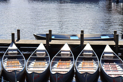 High angle view of canoes over river